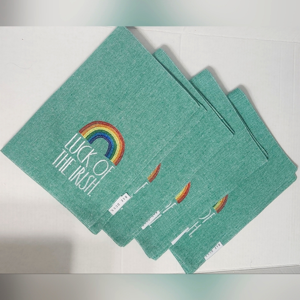 4pcs Rae Dunn Embroidered Placemats Green Lucky Blessed Rainbow